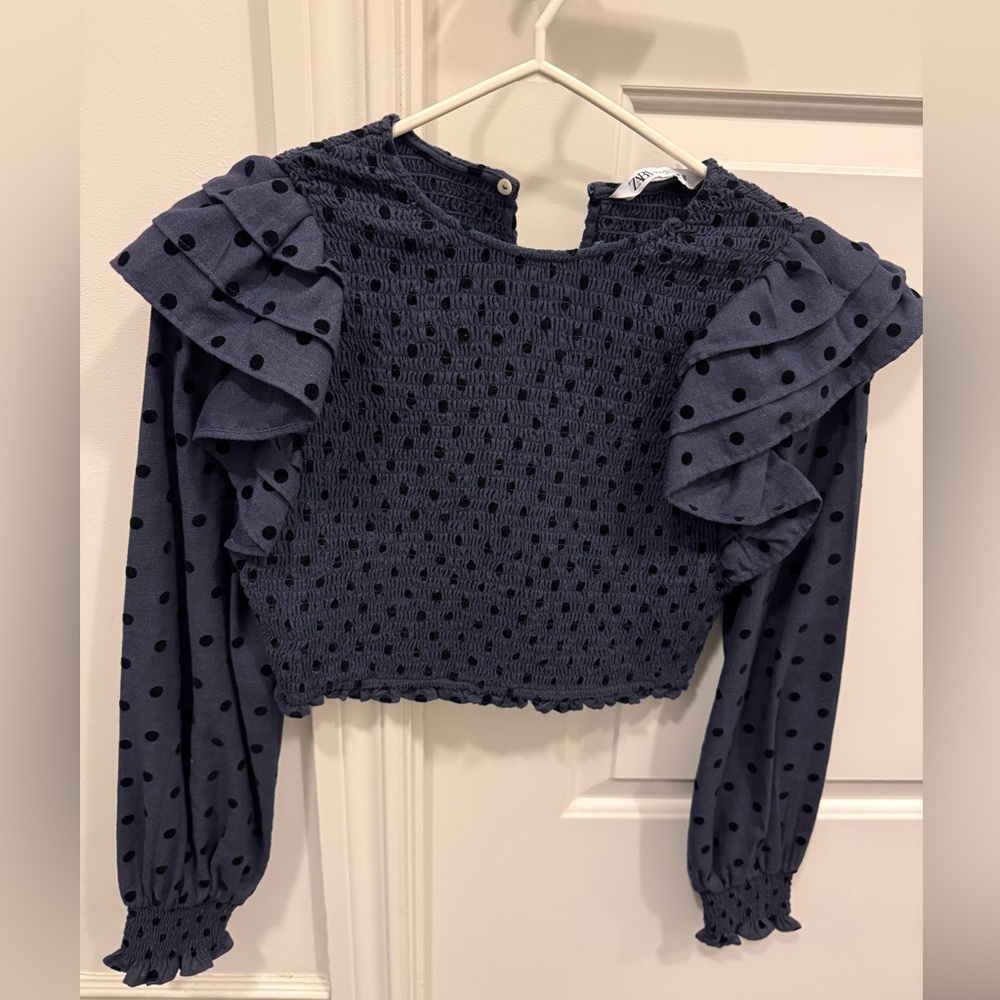 Zara ruffle sleeve top, Polkadot black and blue
